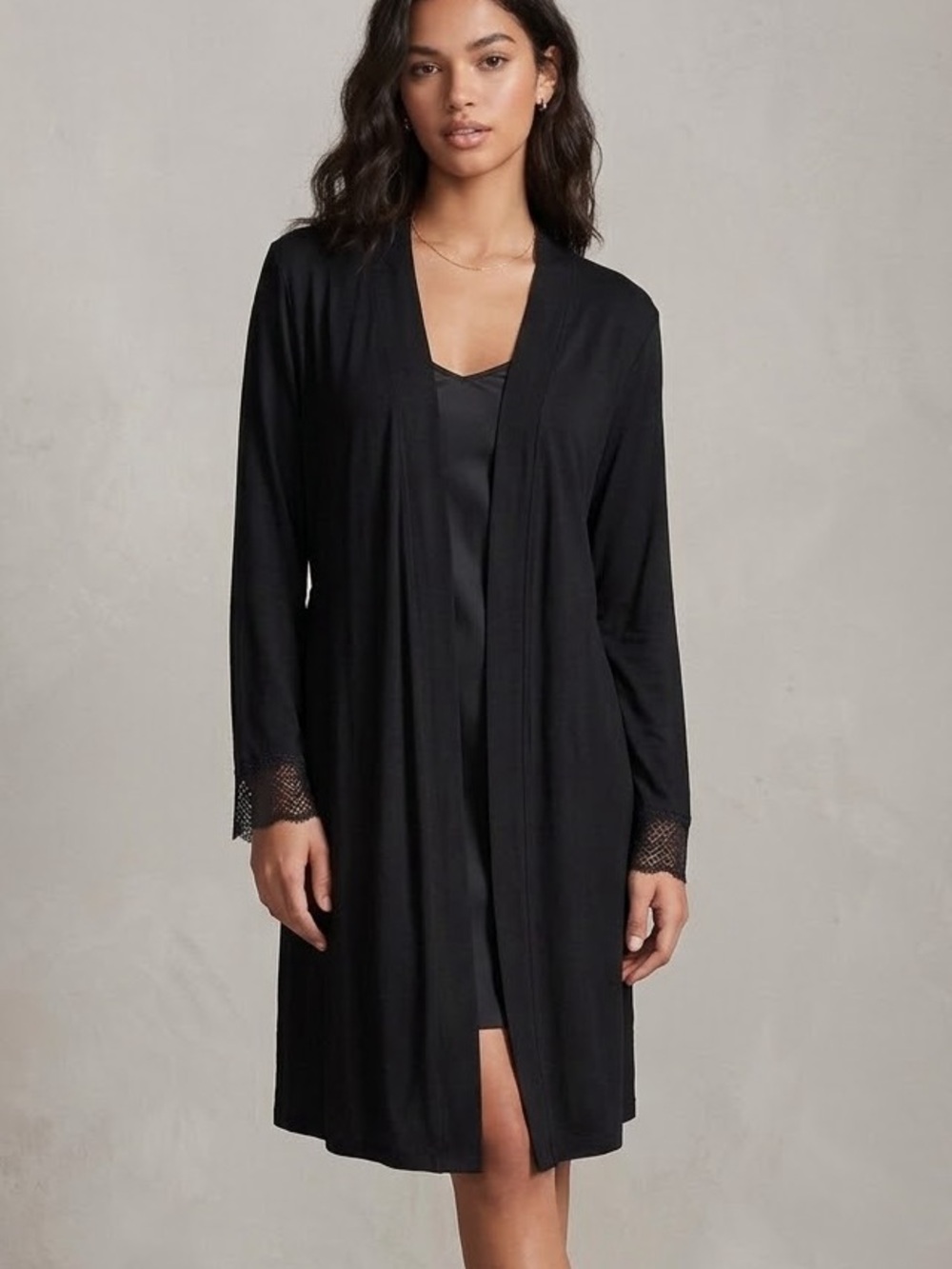 Victorias secret black lace trim robe coquette minimalist dark Romance kimono XS